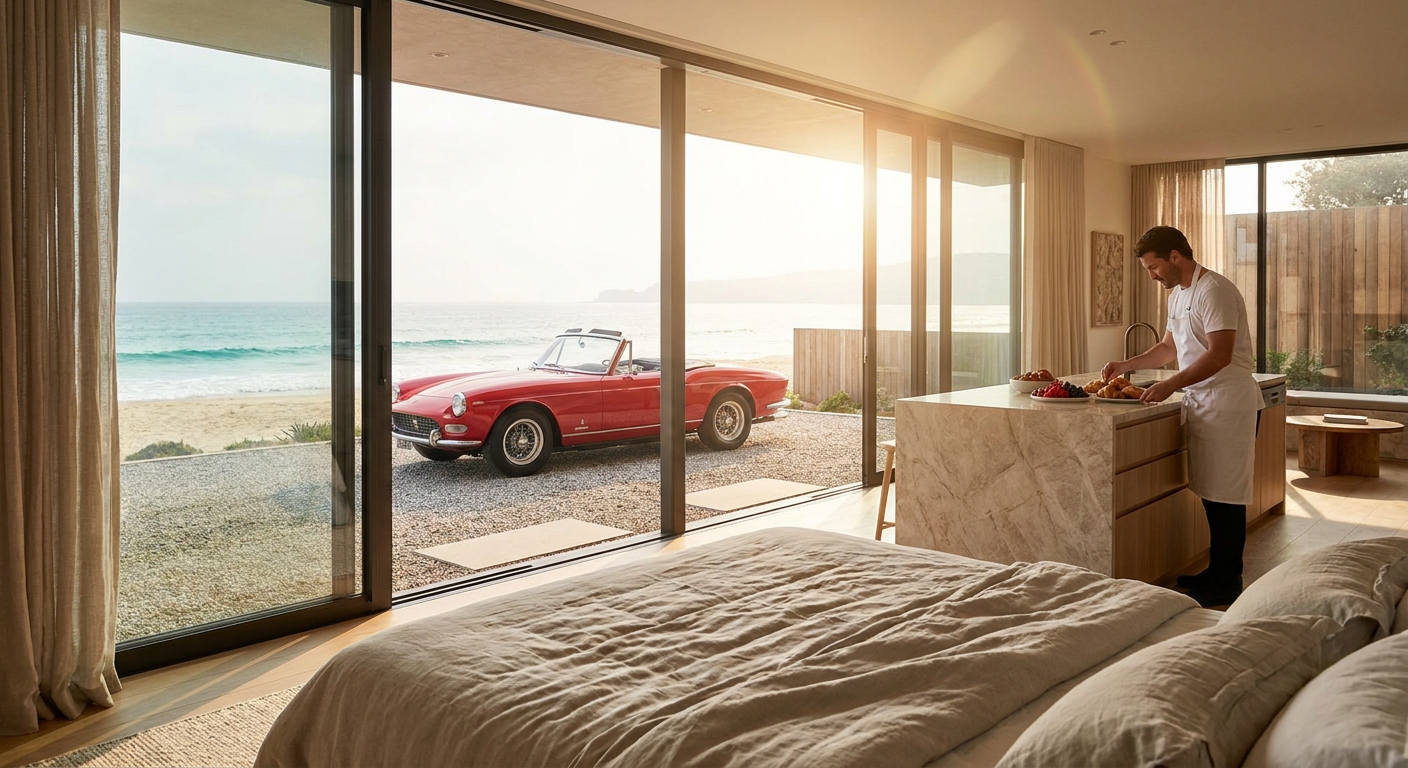 Modern beachfront home with classic red Ferrari in the driveway at sunrise